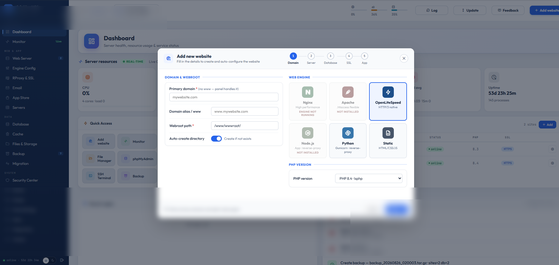 InterPanel — Add new website wizard with 5 steps: Domain → Server → Database → SSL → App. Web engine selector: Nginx, Apache, OpenLiteSpeed, Node.js, Python, Static. PHP 8.4
