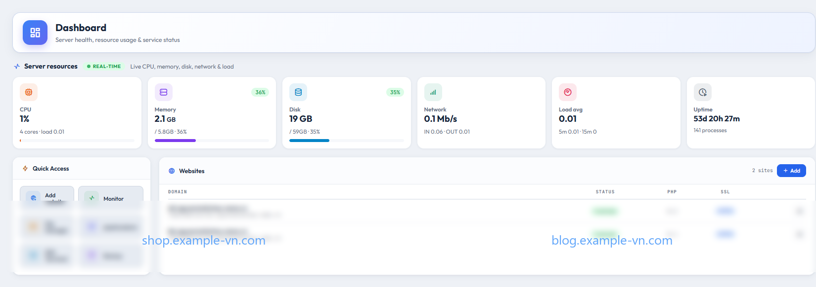 InterPanel Websites — 2 sites online · HTTPS · PHP 8.3/8.4
